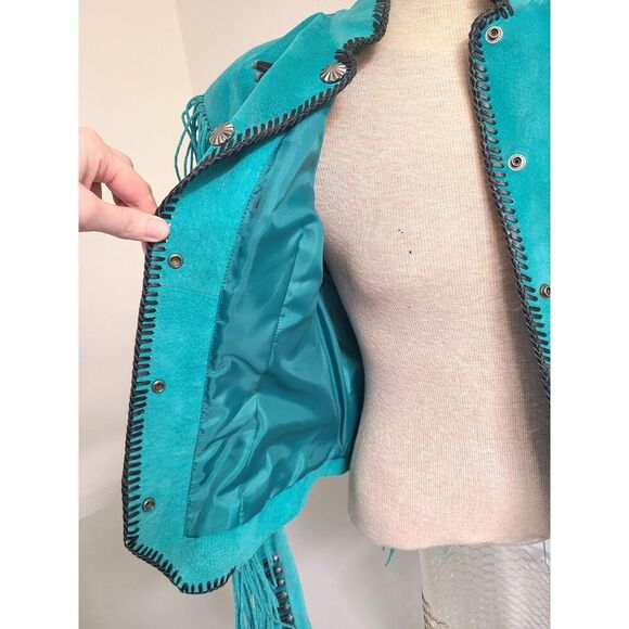 Vtg Cripple Creek Western Boho Fringe Leather Jacket MEDIUM Cowgirl Rodeo Blue M - Picture 3 of 9
